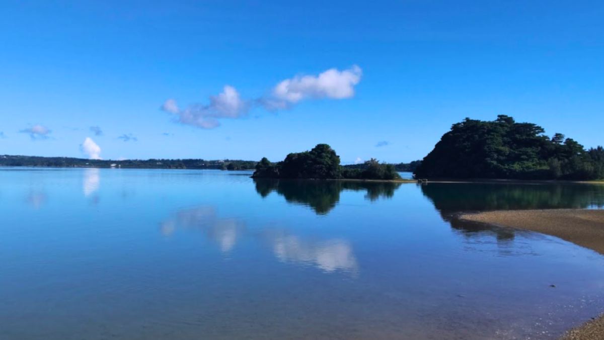松の生えた小島が水面に映り込む羽地内海の風景